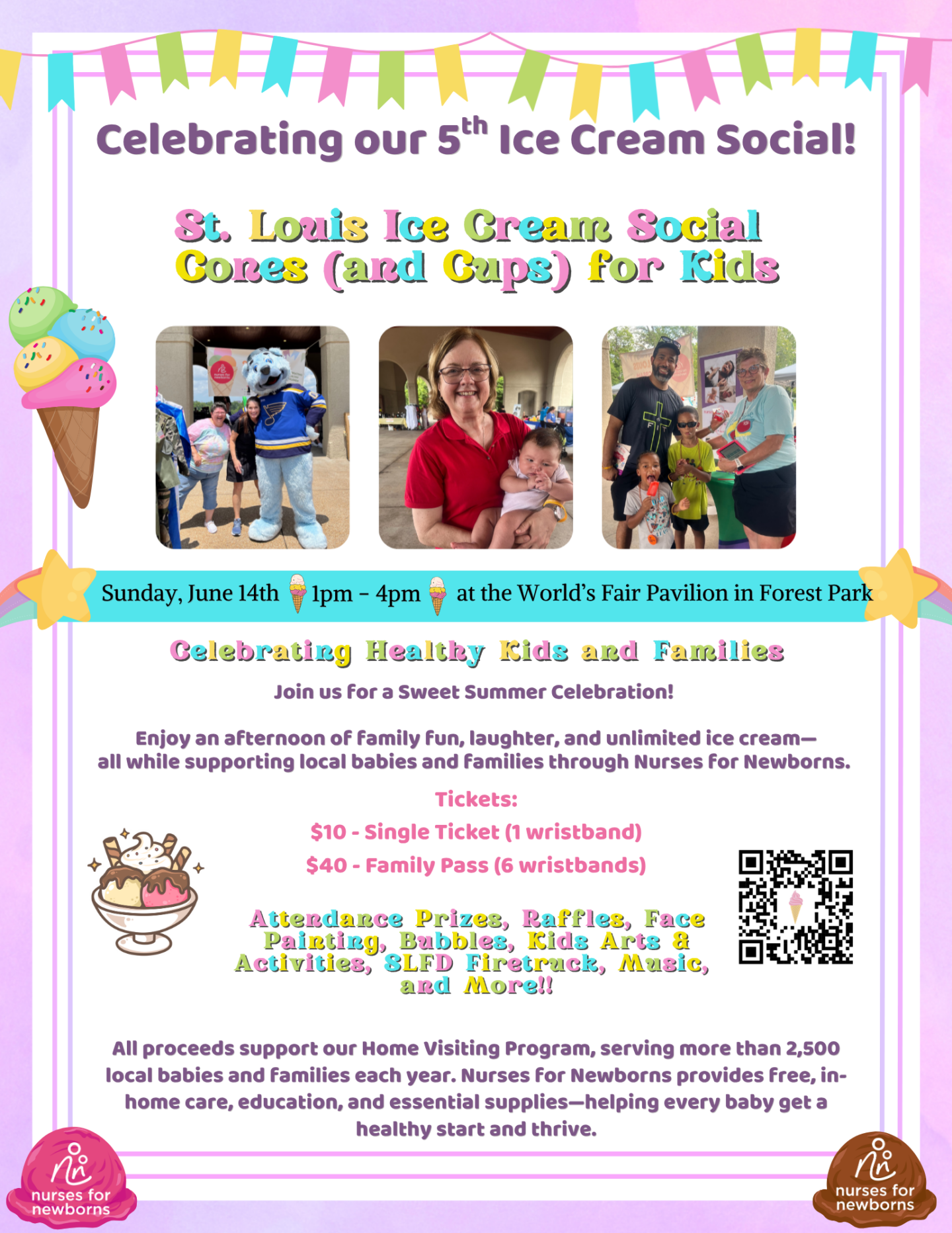 Poster announcing a kid-friendly Ice Cream Social event with three photo thumbnails and pastel decorations outside a white frame on a purple background.