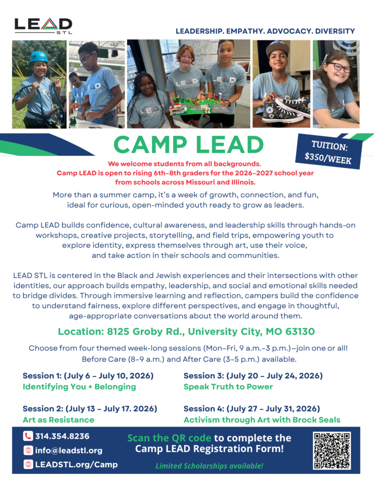 Promotional poster for Camp LEAD STL featuring youth photos, logo, and bold slogan text."We welcome students..."