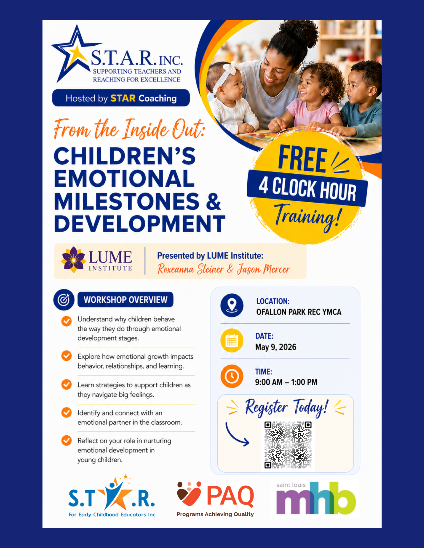 Poster advertising a workshop: 'From the Inside Out: Children's Emotional Milestones & Development' hosted by STAR Coaching, with kids and a caregiver image.