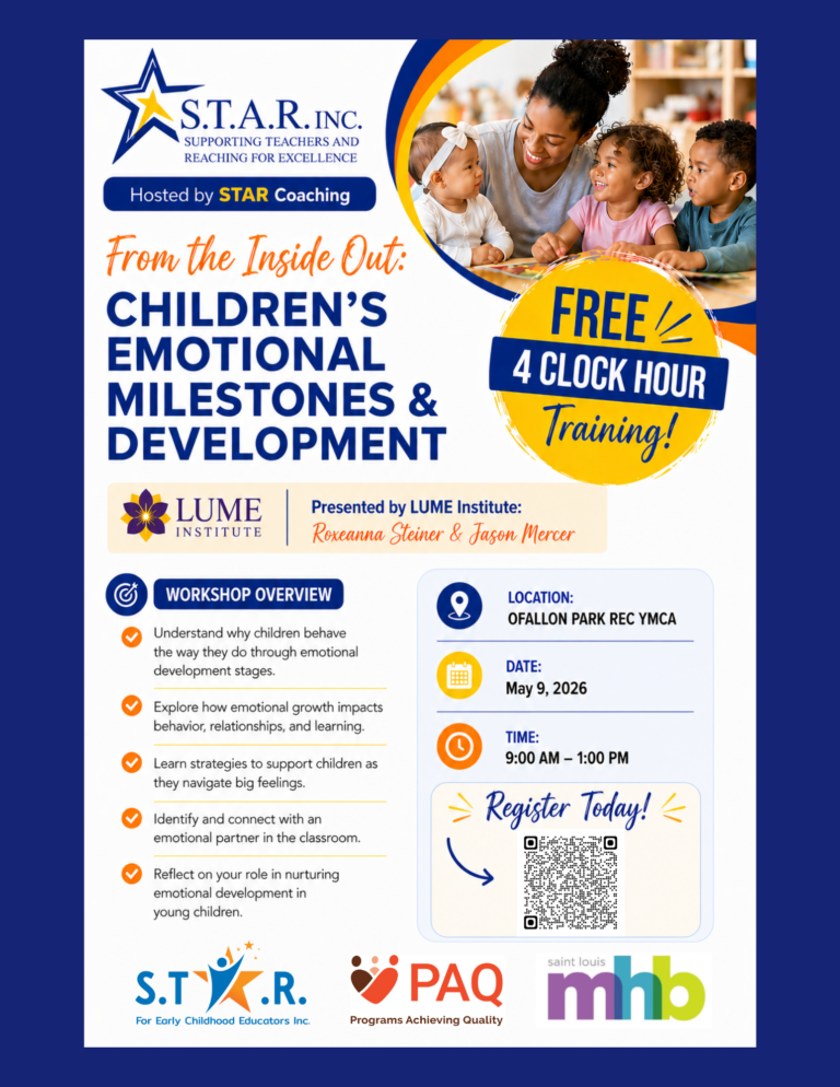 Poster advertising a workshop: 'From the Inside Out: Children's Emotional Milestones & Development' hosted by STAR Coaching, with kids and a caregiver image.