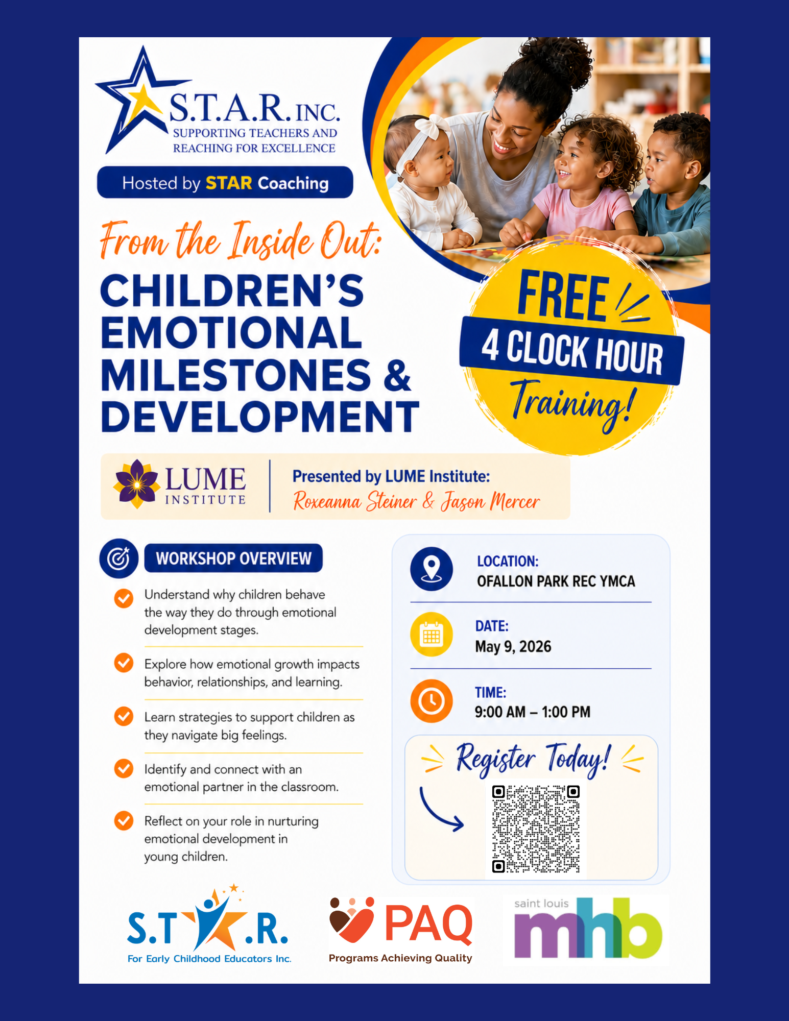 Poster advertising a workshop: 'From the Inside Out: Children's Emotional Milestones & Development' hosted by STAR Coaching, with kids and a caregiver image.