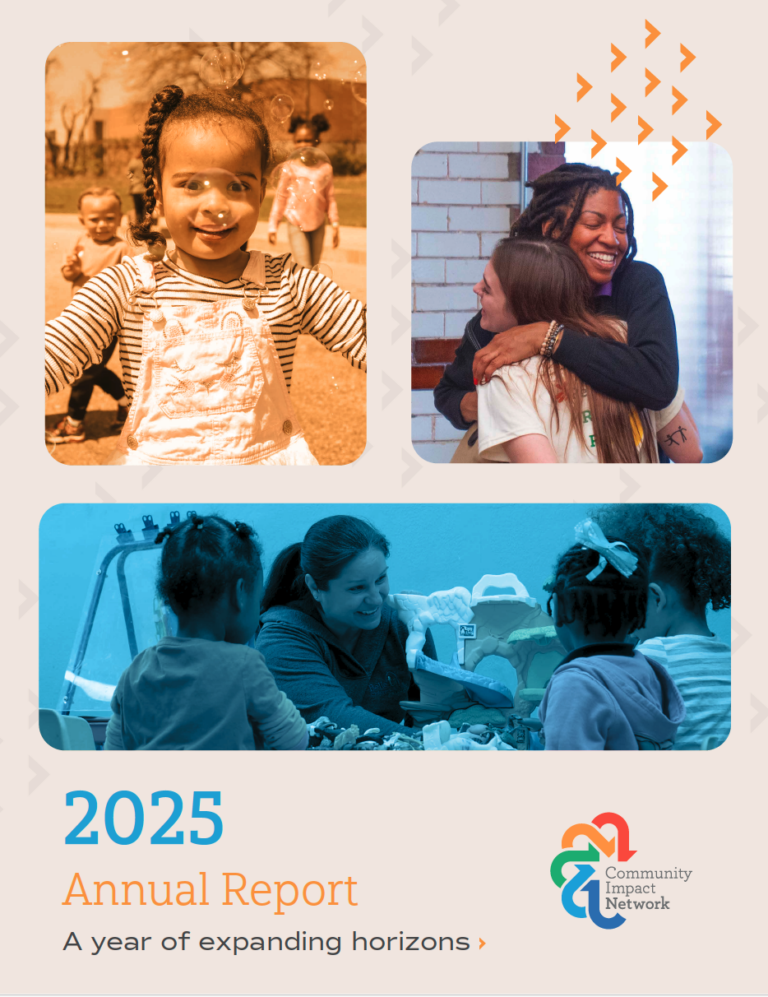 Annual report cover for Community Impact Network showing three photos (children playing, a hug, group activity) with title '2025 Annual Report' and subtitle 'A year of expanding horizons.'