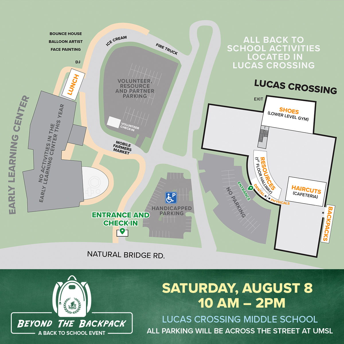 2026-BtB-social-Map-UPDATE - Community Impact Network Map of Lucas Crossing campus for the 'Beyond the Backpack' event, showing parking, entrances, and activity areas scattered around the lot and buildings.
