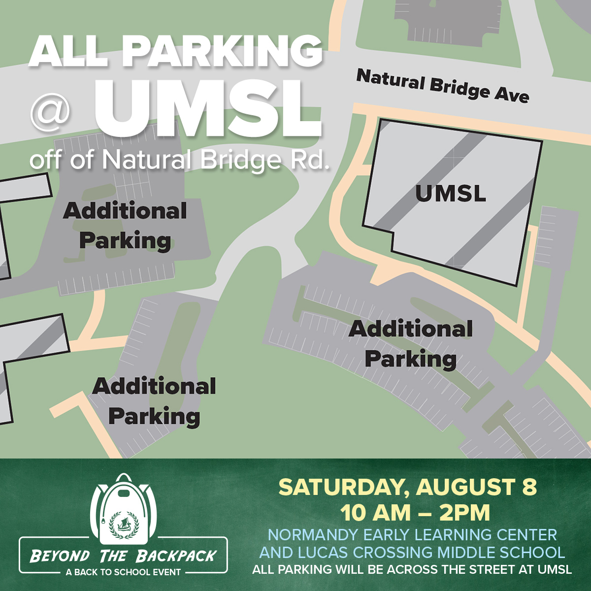 2026-BtB-social-Parking - Community Impact Network Event poster with a map showing UMSL parking lots for the 'Beyond the Backpack' back-to-school event, including date/time (Sat Aug 8, 10 AM–2 PM).